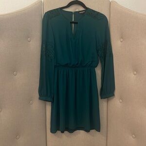 Express Green Long Sleeve Round Neck Elastic Waist Dress w Lace Details XS
